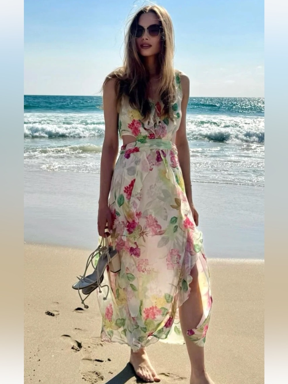 Zara Floral Cut-Out V-Neck Floral Print Dress Ecru Multi Size M  New